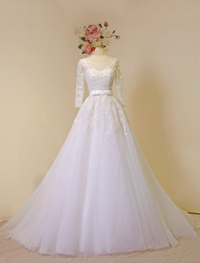 Dentelle robe de mariée longue manches Tulle robe de mariée chapelle Train dentelle appliques perles