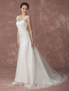 Robe de mariée douce en dentelle chapelle avec traîne perles a-ligne dos nu