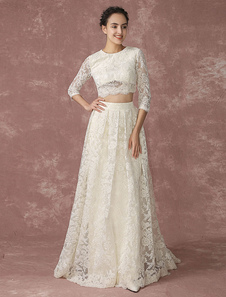 Robe de mariée Crop Top en dentelle dos coupe poches nuptiale trimestre manches Tribunal Train