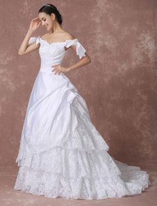 Robe de mariée satin en dentelle appliqué princesse hors-l'épaule Tribunal Traîne Ball Gown avec Bow