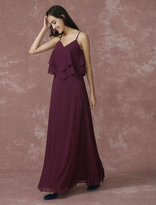 Plum demoiselle d’honneur robe Maxi en mousseline de soie robe Spaghetti Backless cheville-longueur 