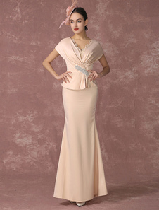 Robe sublime de soirée sirène Tissu de satin champagne avec dentelle col V longueur cheville
