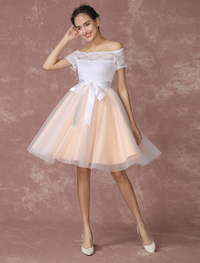 Robe Tulle robe de mariée ruban Off-the-shoulder Bow Sash genou Longueur dos nu court Prom robe de m