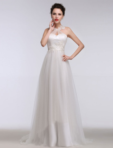 Robe de mariée en dentelle Halter Sweetheart A ligne perles Tulle dos-nu Applique Cour Train