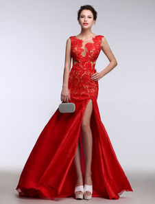 Robe de soirée sirène rouge Occasion robe Illusion Backless Split Satin Party robe de dentelle avec 