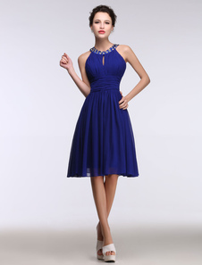 Robe soutenue de cocktail A-ligne en chiffon Bleu Éclatant col rond avec perles minidétail zip et do