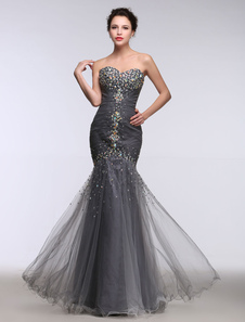 Gris robe sirène Sweetheart perles Occasion Tulle sans bretelles étage longueur ruché Party robe de 
