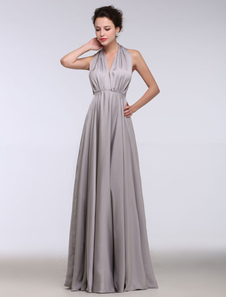 Robe sublime de soirée A-ligne en chiffon gris croisé à licou longueur plancher
