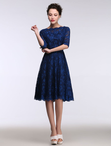 Robe mère de mariés A-ligne en satin stretch Bleu Éclatant col bateau longueur genou