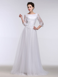 Robe de mariée blanche en dentelle Bateau demi manches Keyhole Ribbon Bow balayage Train