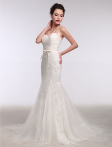 Robe de mariée sirène en dentelle Sweetheart Tulle Bow dos nu noeud sans manches chapelle Train