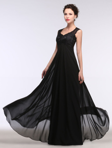 robe fascinante de soirée A-ligne en chiffon noir col V longueur plancher