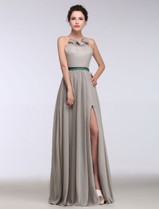 Gris robe de soirée Halter en mousseline de soie robe volants Croix retour robe de dîner de Split