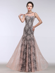 Robe mère de mariés sirène en dentelle noir col rond longueur plancher