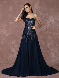 Robe de soirée éblouissante A-ligne avec paillettes bleu marine foncé et paillettes bustier Avec tra