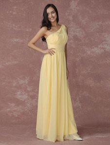 Jonquille de demoiselle d’honneur robe en mousseline de soie une épaule A ligne ruché Maxi robe de m
