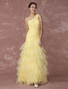 Pageant narcisses robe une épaule Organza robe de soirée volant en couches sirène plissé Prom Dress