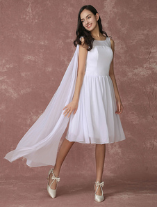 Blanc de demoiselle d’honneur robe mousseline de soie A ligne genou longueur robe avec drapé de côté