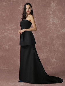 Robe de soirée éblouissante A-ligne en taffetas noir plissé bustier Avec traîne