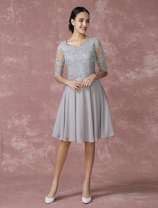 Robe mère de mariés A-ligne en tulle argent col rond avec applique longueur genou