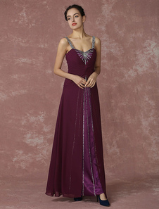 Robe fascinante de soirée A-ligne en chiffon Prune avec perles à bretelles longueur plancher