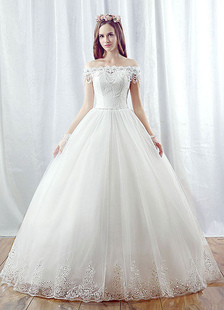 Robe de mariée princesse blanche en dentelle Maxi l’épaule dos nu perles chaînes hiérarchisé