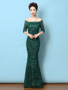 robe sublime de soirée sirène en dentelle vert foncé avec dentelle hors de l'épaule longueur planche