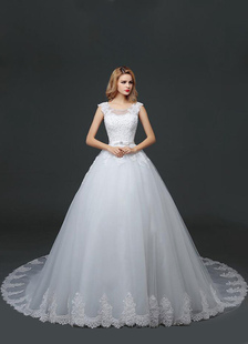 Robe de mariée blanche perles Bow Sash serrure arrière avec traîne cathédrale