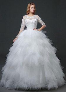 Robe de mariée blanche Hiérarchisé de ball Tulle Sweetheart Maxi fleurs Apllique perlant chaînes dem