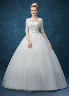 Ball Robe de mariée en dentelle appliques Maxi perles Illusion Keyhole étage longueur