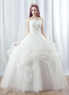 Robe de mariée princesse blanche Tulle sans bretelles Maxi dentelle appliques perles à plusieurs niv