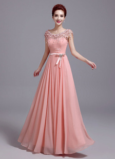 Robe fascinante de soirée A-ligne en satin mat rose clair frangé col rond longueur plancher