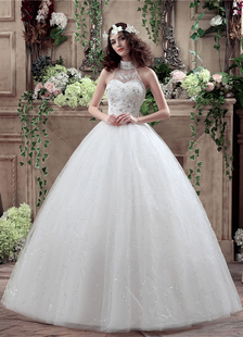 Halter Robe de mariée princesse en dentelle perles Maxi dos nu Sequins parole longueur