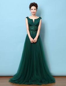Robe sublime de soirée A-ligne en tulle vert foncé avec dentelle décolleté cranté Avec traîne