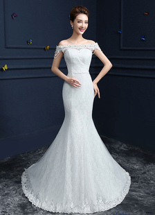 Robe de mariée sirène hors de l’épaule perles en dentelle à paliers chaînes blanc chapelle Train