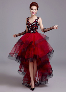 Robe de érémonie de remise de diplôme boule en tulle bordeaux avec paillettes col V asymétrique