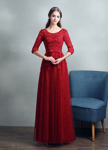 robe fascinante de soirée A-ligne en dentelle bordeaux avec noeud col rond longueur cheville