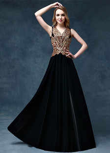 robe sublime de soirée A-ligne Tissu de satin noir avec perles col V longueur plancher