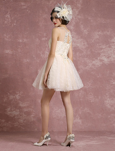 Robe fête de la rentrée A-ligne en tulle champagne col rond avec perles mini