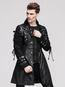Costume noir rétro Vintage Lace steampunk PU cuir manteau masculin Up manteau