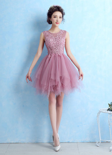 Robe de cérémonie A-ligne en tulle Cameo Rose col rond multicouche mini