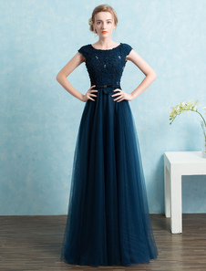 Robe fascinante de soirée A-ligne en tulle bleu marine foncé creusé col rond longueur plancher