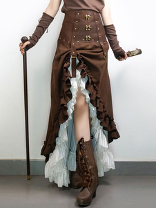 Costume d’Halloween Steampunk jupes Vintage Brown Suede Ruffle jupe longue haute basse femmes