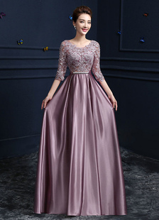 Robe élégante de soirée A-ligne en dentelle Cameo Rose plissé col rond longueur plancher