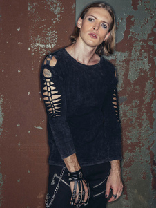 Steampunk T Shirt Vintage noir homme découpé de costumes rétro haut à manches longues