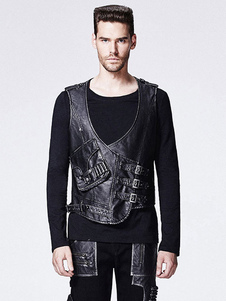 Veste Steampunk Vintage Costume rétro noir PU Gilet hommes