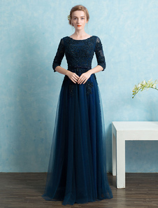 Robe énigmatique de soirée A-ligne en tulle bleu marine foncé avec ceinture col rond longueur planch