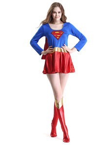 Bicolore manches longues Mini robe des femmes Costume Halloween Sexy Superman fantaisie