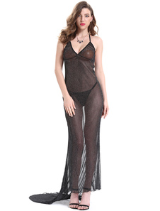 Halter noir pure Backless robe Maxi Maid Français sexy Costume féminin