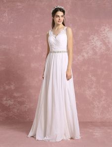 Robe de mariée en mousseline de soie ivoire V col dentelle perlée une ligne Maxi robe nuptiale